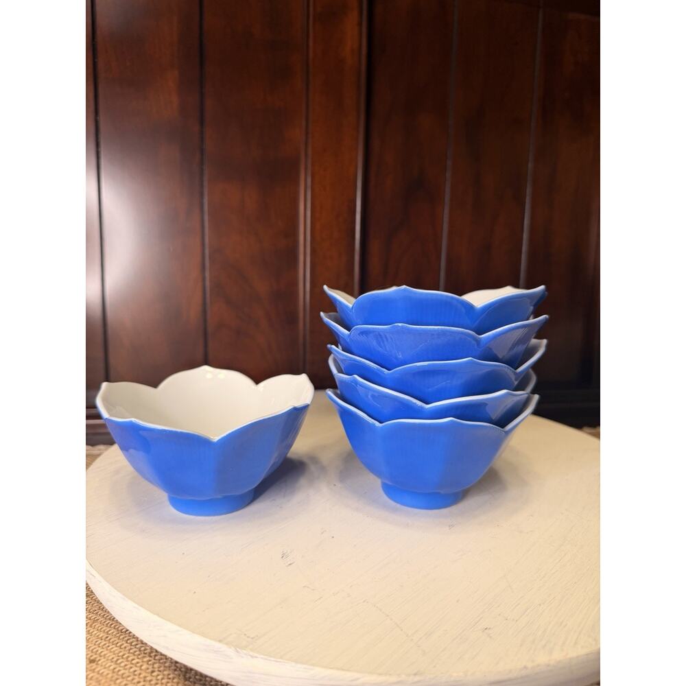 MCM Vintage Blue Porcelain Lotus Bowls Serving Set of 6 Bowls Japan 1960s Retro
